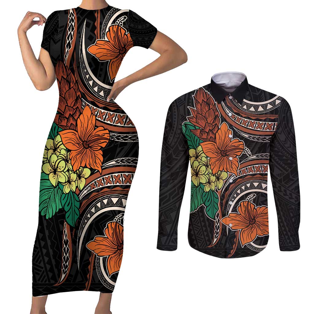 Vintage Hibiscus Pacific Floral Couples Matching Short Sleeve Bodycon Dress and Long Sleeve Button Shirt LT9 Black - Polynesian Pride