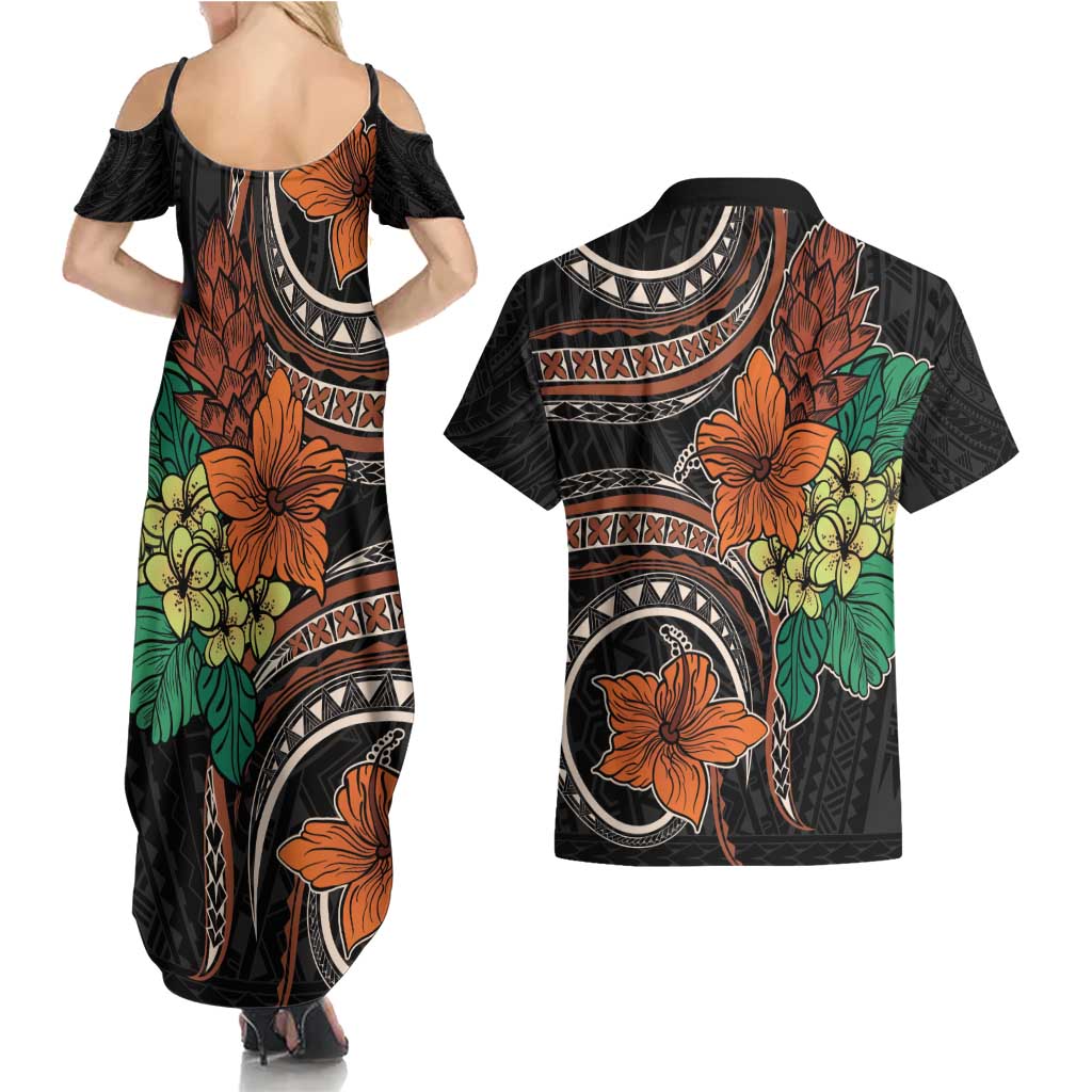 Vintage Hibiscus Pacific Floral Couples Matching Summer Maxi Dress and Hawaiian Shirt