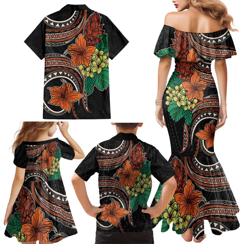 Vintage Hibiscus Pacific Floral Family Matching Mermaid Dress and Hawaiian Shirt