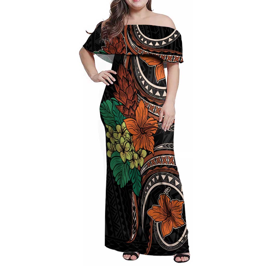 Vintage Hibiscus Pacific Floral Family Matching Off Shoulder Maxi Dress and Hawaiian Shirt LT9 Mom's Dress Black - Polynesian Pride