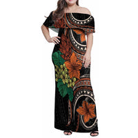 Vintage Hibiscus Pacific Floral Family Matching Off Shoulder Maxi Dress and Hawaiian Shirt LT9 Mom's Dress Black - Polynesian Pride