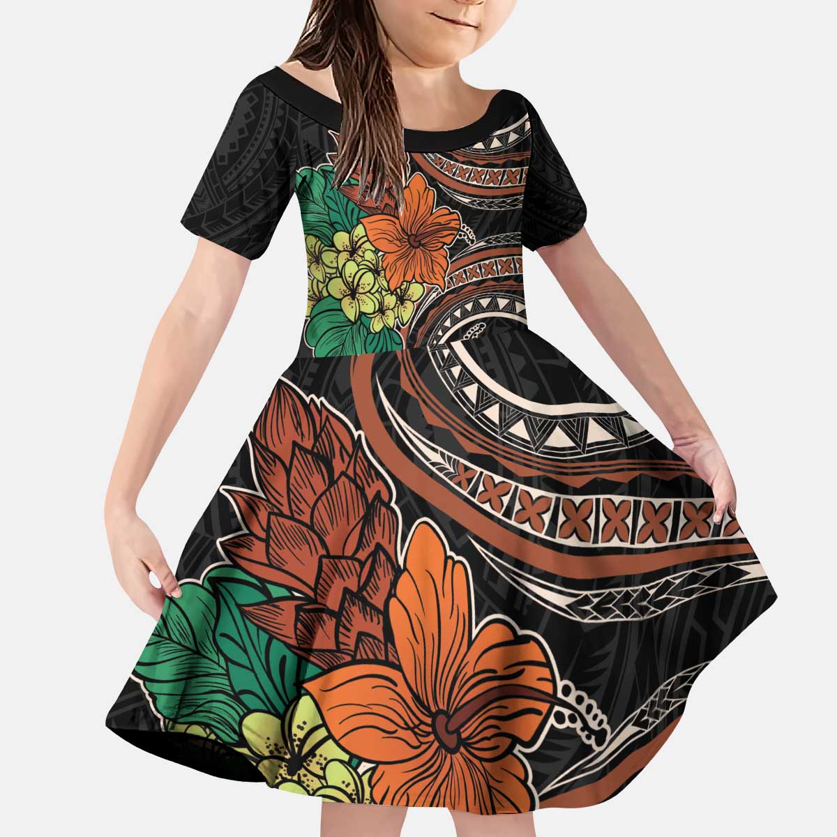 Vintage Hibiscus Pacific Floral Family Matching Puletasi and Hawaiian Shirt LT9 Daughter's Dress Black - Polynesian Pride