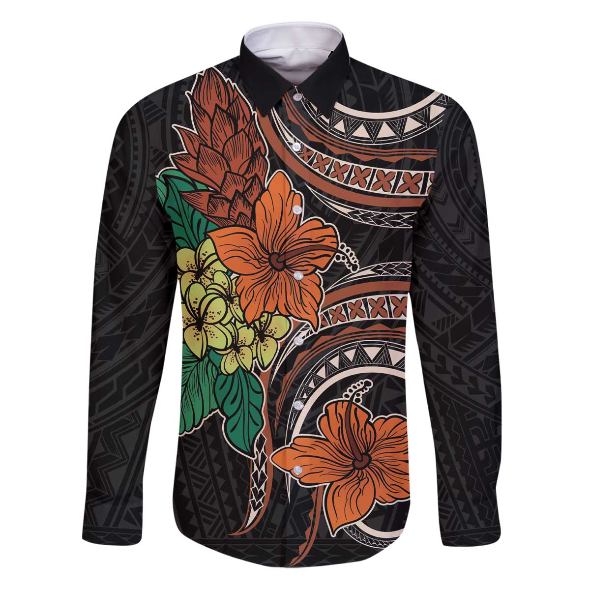 Vintage Hibiscus Pacific Floral Family Matching Puletasi and Hawaiian Shirt LT9 Dad's Shirt - Long Sleeve Black - Polynesian Pride