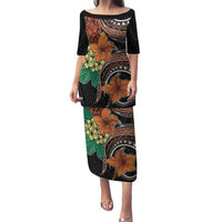 Vintage Hibiscus Pacific Floral Family Matching Puletasi and Hawaiian Shirt LT9 Mom's Dress Black - Polynesian Pride