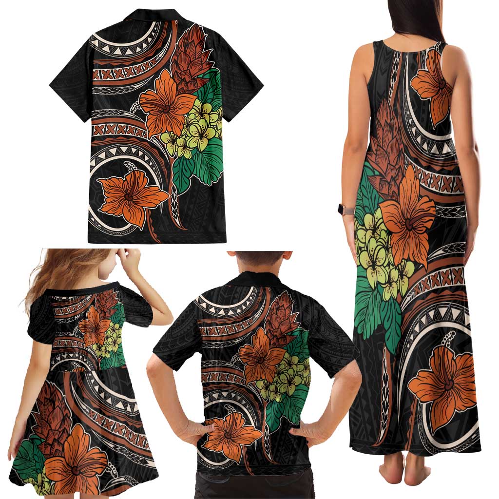 Vintage Hibiscus Pacific Floral Family Matching Tank Maxi Dress and Hawaiian Shirt
