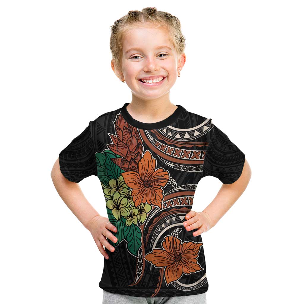 Vintage Hibiscus Pacific Floral Kid T Shirt LT9 Black - Polynesian Pride