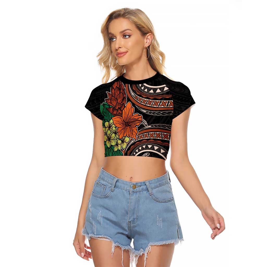 Vintage Hibiscus Pacific Floral Raglan Cropped T Shirt LT9 Female Black - Polynesian Pride
