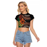 Vintage Hibiscus Pacific Floral Raglan Cropped T Shirt LT9 Female Black - Polynesian Pride