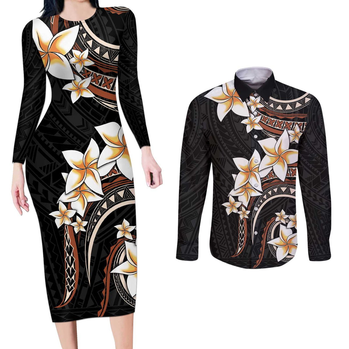 Vintage Plumeria Pacific Floral Couples Matching Long Sleeve Bodycon Dress and Long Sleeve Button Shirt LT9 Black - Polynesian Pride