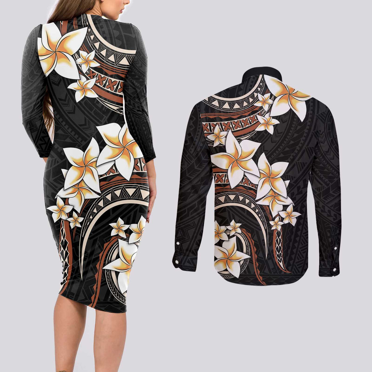 Vintage Plumeria Pacific Floral Couples Matching Long Sleeve Bodycon Dress and Long Sleeve Button Shirt LT9 - Polynesian Pride
