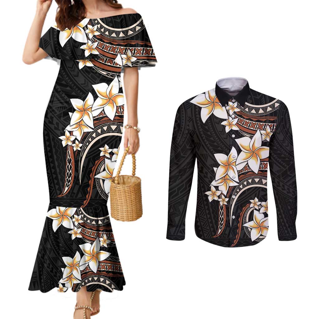Vintage Plumeria Pacific Floral Couples Matching Mermaid Dress and Long Sleeve Button Shirt LT9 Black - Polynesian Pride