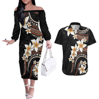 Vintage Plumeria Pacific Floral Couples Matching Off The Shoulder Long Sleeve Dress and Hawaiian Shirt