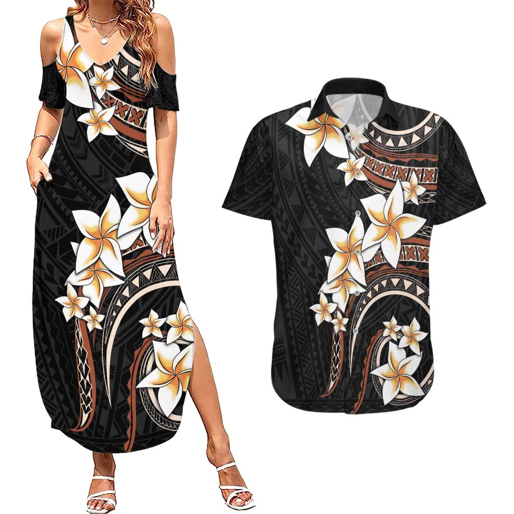 Vintage Plumeria Pacific Floral Couples Matching Summer Maxi Dress and Hawaiian Shirt LT9 Black - Polynesian Pride