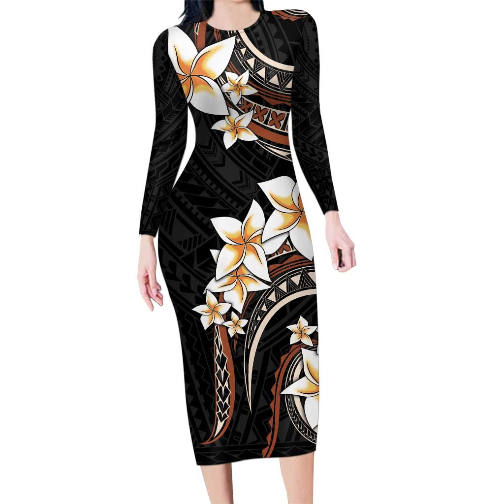 Vintage Plumeria Pacific Floral Family Matching Long Sleeve Bodycon Dress and Hawaiian Shirt