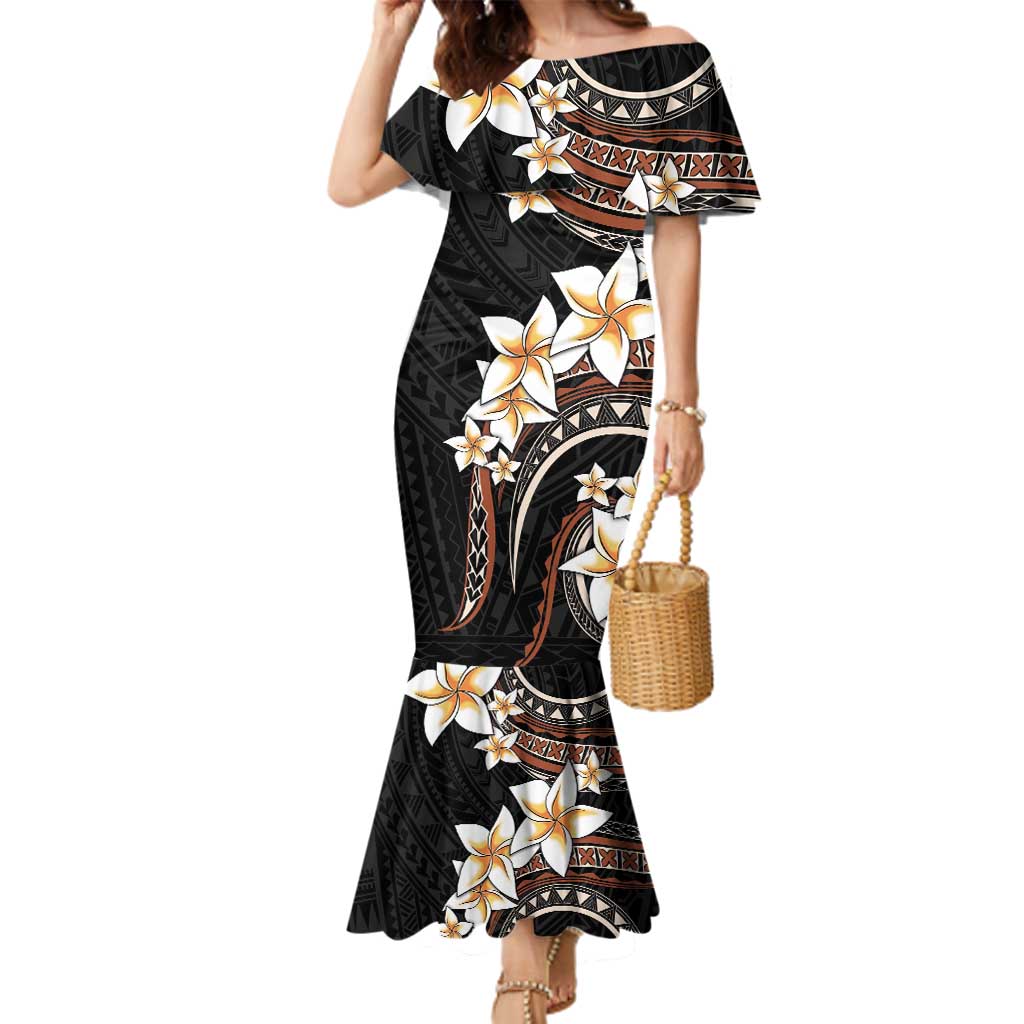 Vintage Plumeria Pacific Floral Family Matching Mermaid Dress and Hawaiian Shirt LT9 Mom's Dress Black - Polynesian Pride