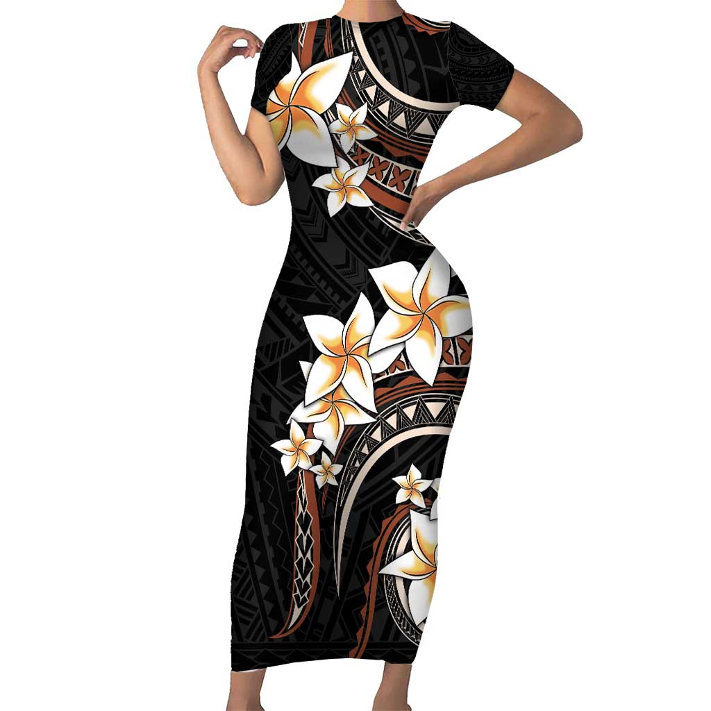 Vintage Plumeria Pacific Floral Family Matching Short Sleeve Bodycon Dress and Hawaiian Shirt LT9 Mom's Dress Black - Polynesian Pride