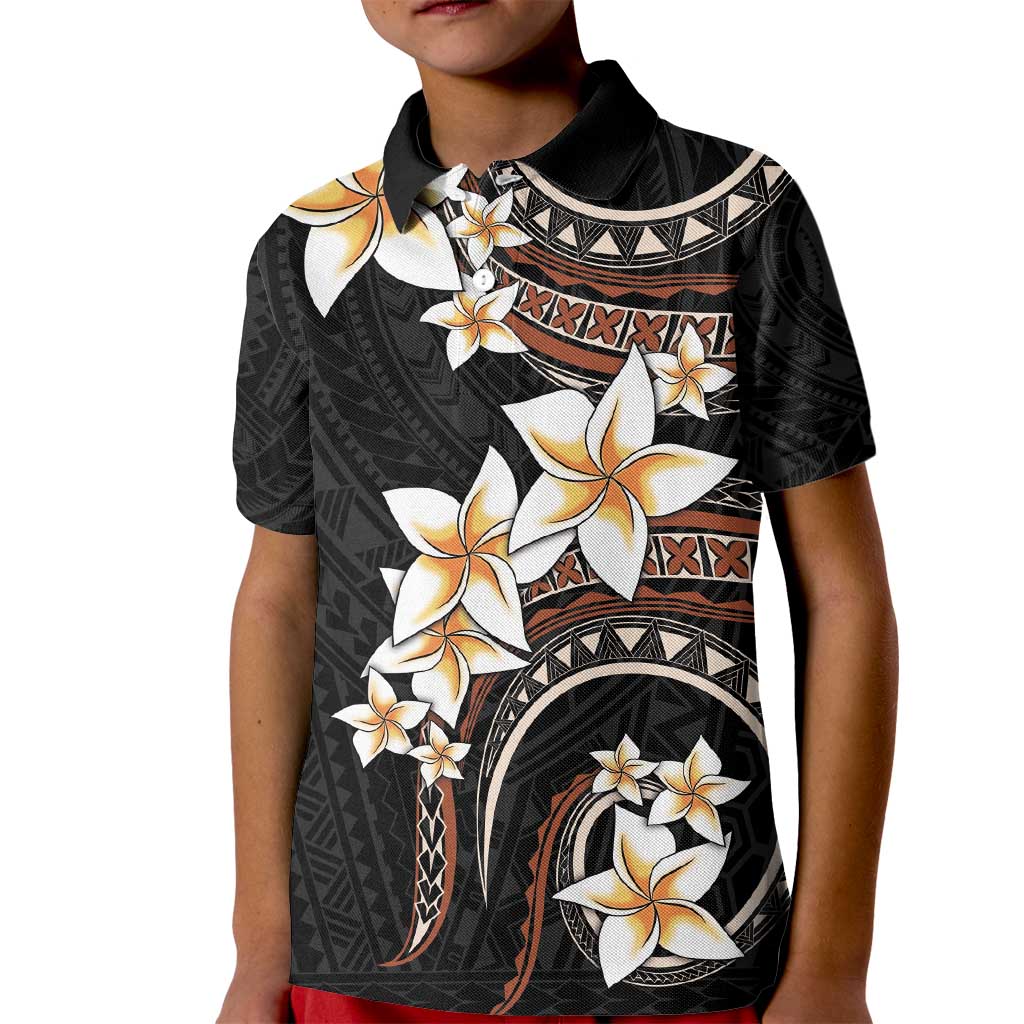Vintage Plumeria Pacific Floral Kid Polo Shirt LT9 Kid Black - Polynesian Pride