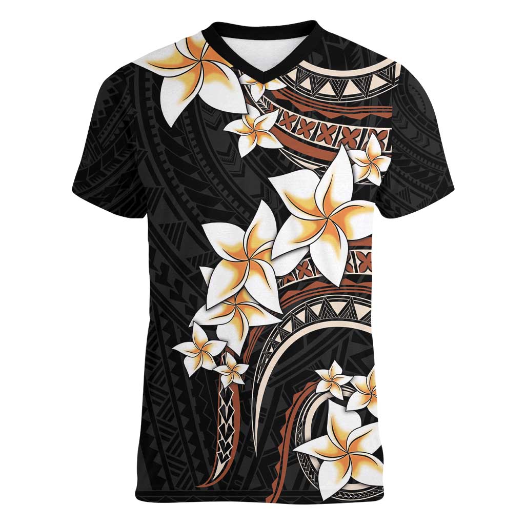 Vintage Plumeria Pacific Floral Women V-Neck T-Shirt LT9 Female Black - Polynesian Pride