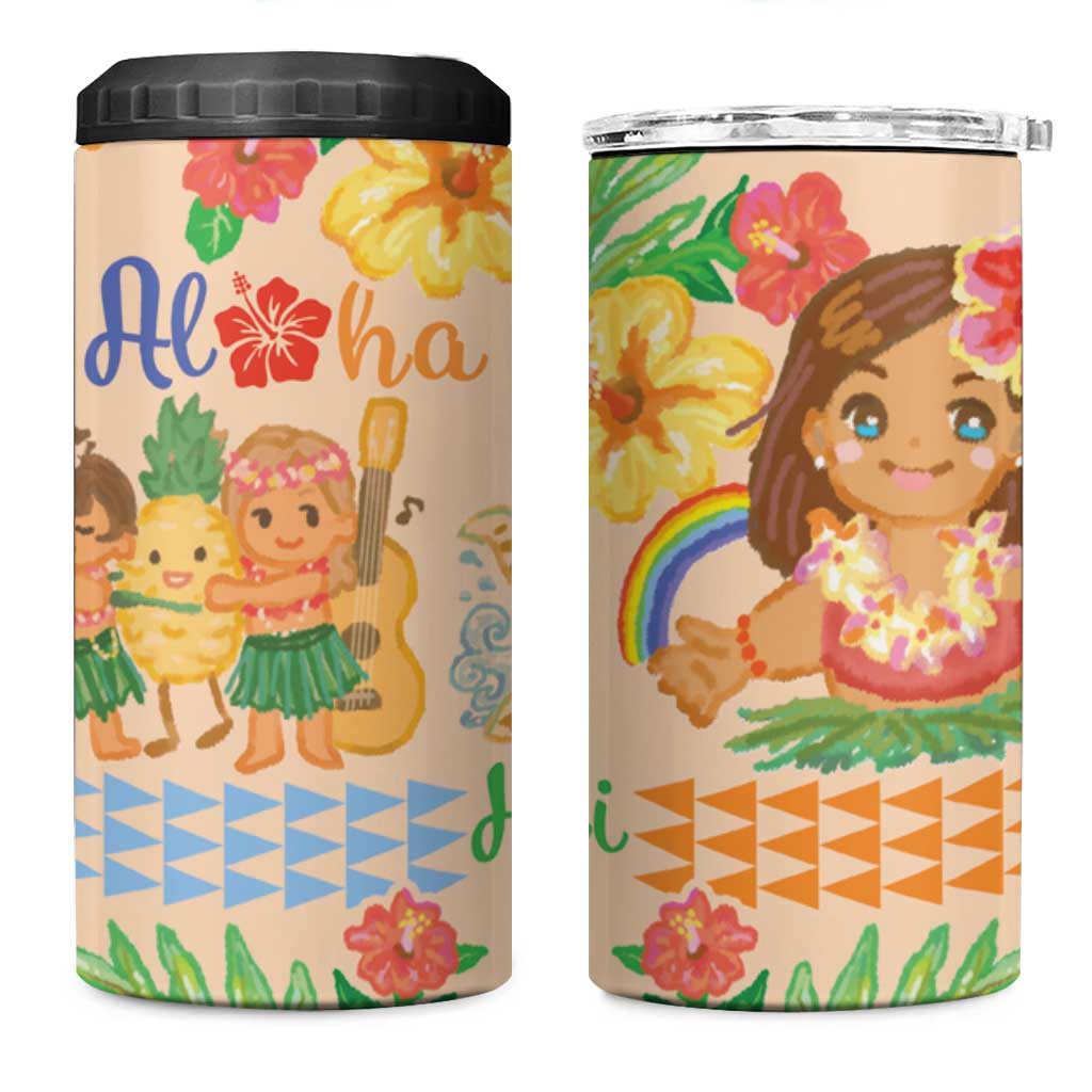 Kawaii Hula Girls 4 in 1 Can Cooler Tumbler Aloha Hibiscus Flowers