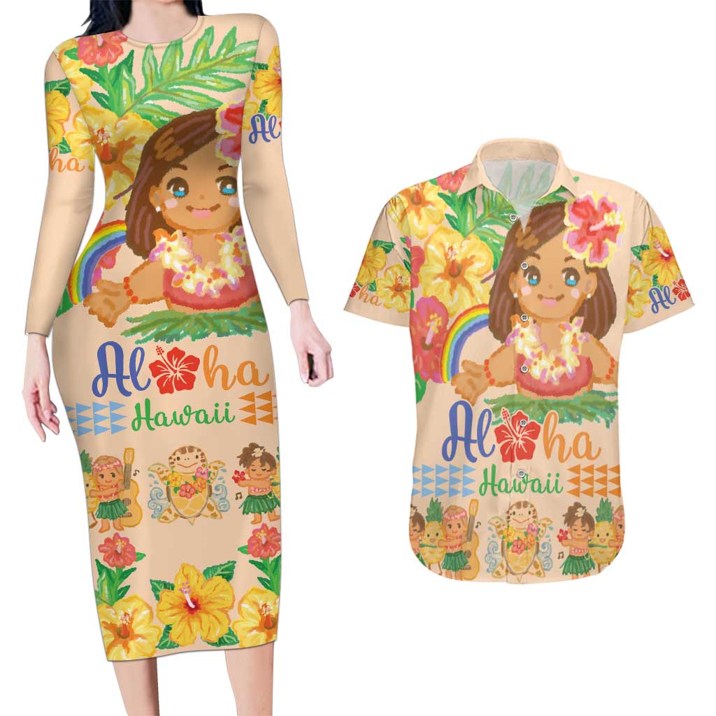 Kawaii Hula Girls Couples Matching Long Sleeve Bodycon Dress and Hawaiian Shirt Aloha Hibiscus Flowers LT9 Nude - Polynesian Pride