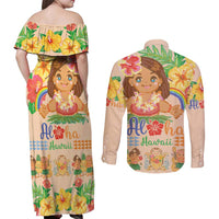 Kawaii Hula Girls Couples Matching Off Shoulder Maxi Dress and Long Sleeve Button Shirt Aloha Hibiscus Flowers LT9 - Polynesian Pride