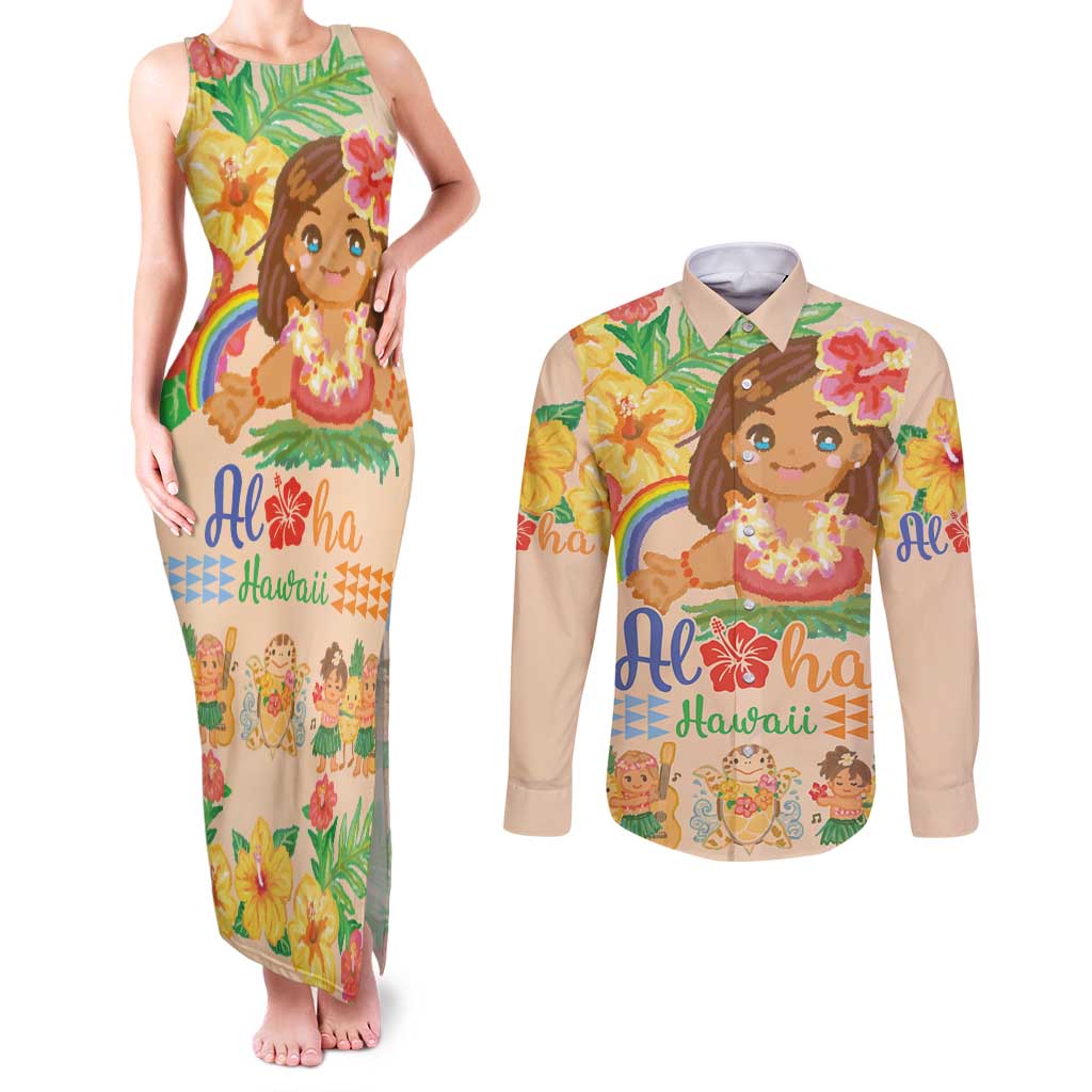 Kawaii Hula Girls Couples Matching Tank Maxi Dress and Long Sleeve Button Shirt Aloha Hibiscus Flowers LT9 Nude - Polynesian Pride