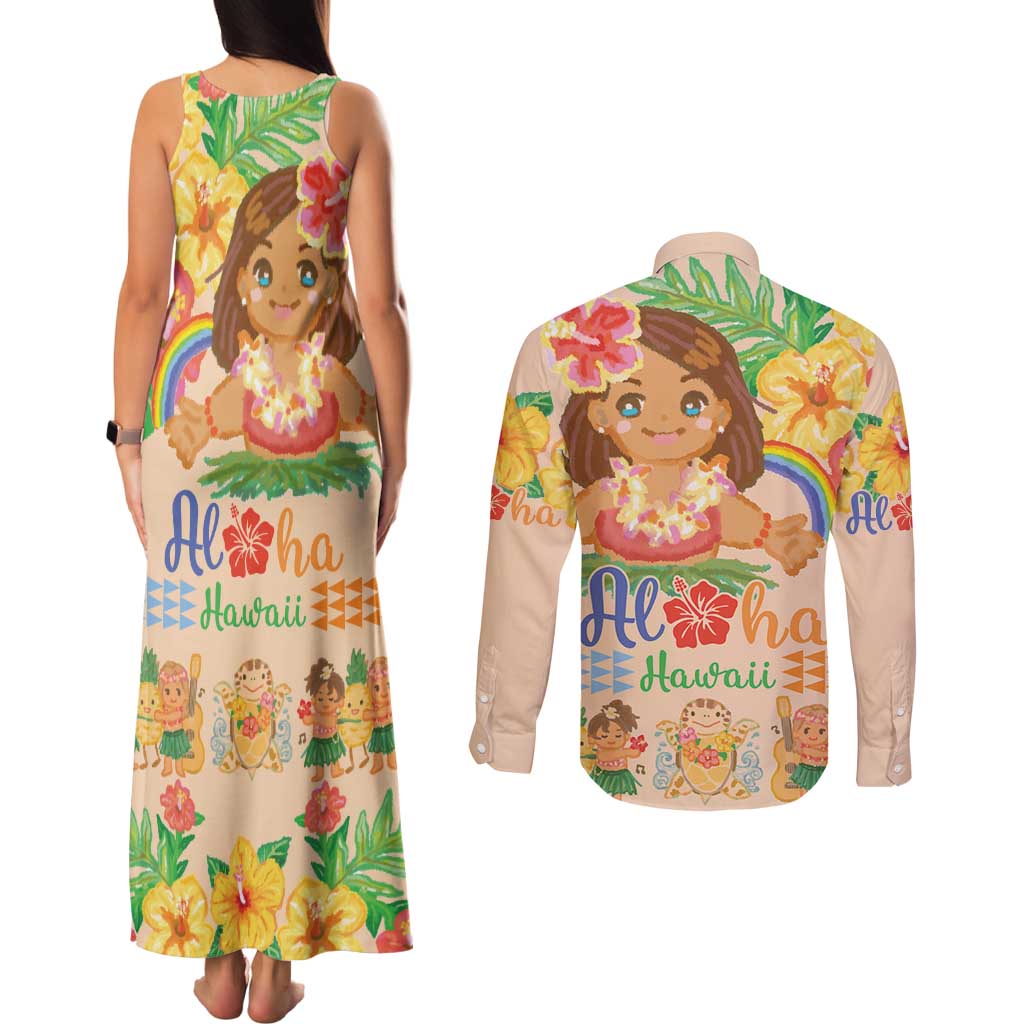 Kawaii Hula Girls Couples Matching Tank Maxi Dress and Long Sleeve Button Shirt Aloha Hibiscus Flowers LT9 - Polynesian Pride