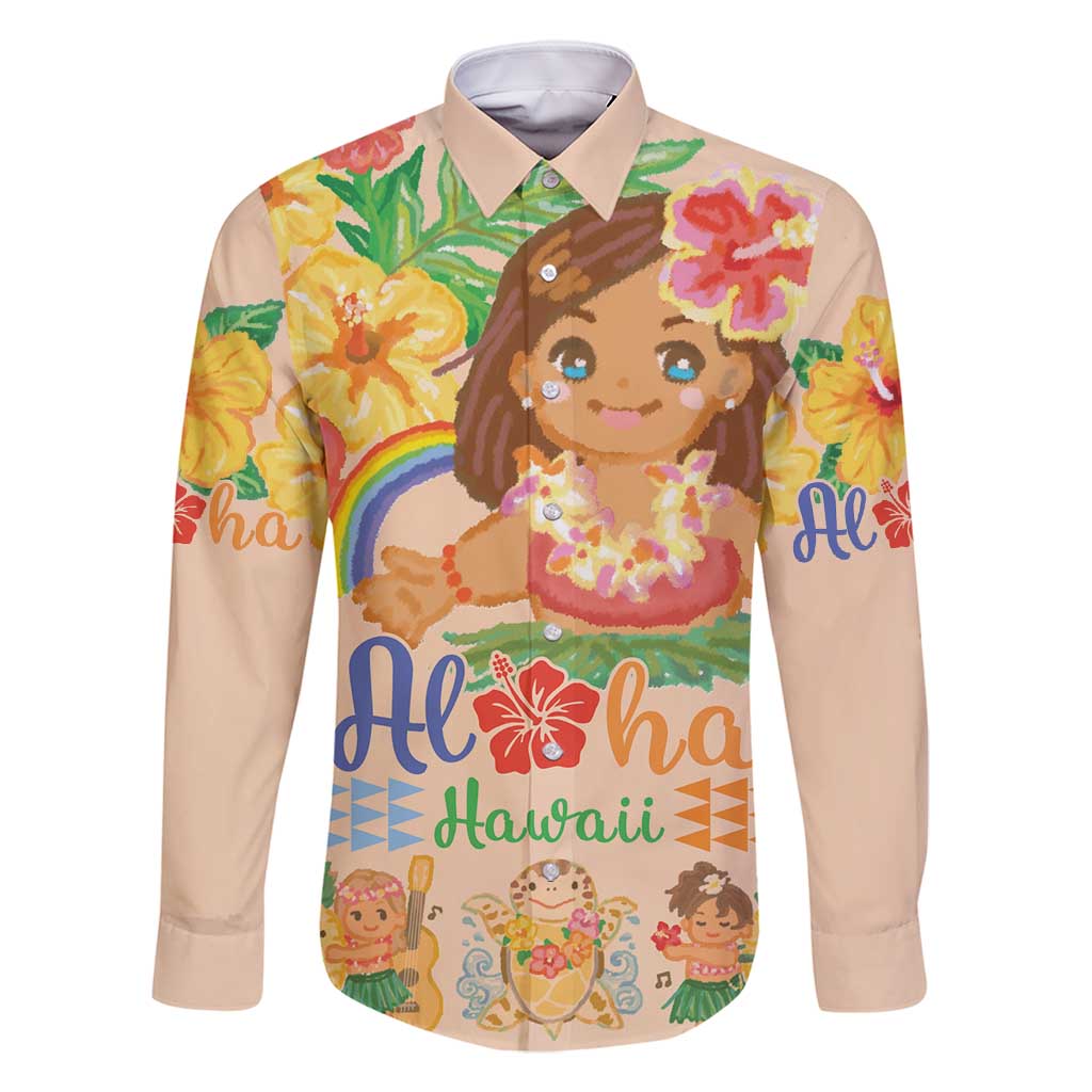 Kawaii Hula Girls Family Matching Mermaid Dress and Hawaiian Shirt Aloha Hibiscus Flowers LT9 Dad's Shirt - Long Sleeve Nude - Polynesian Pride