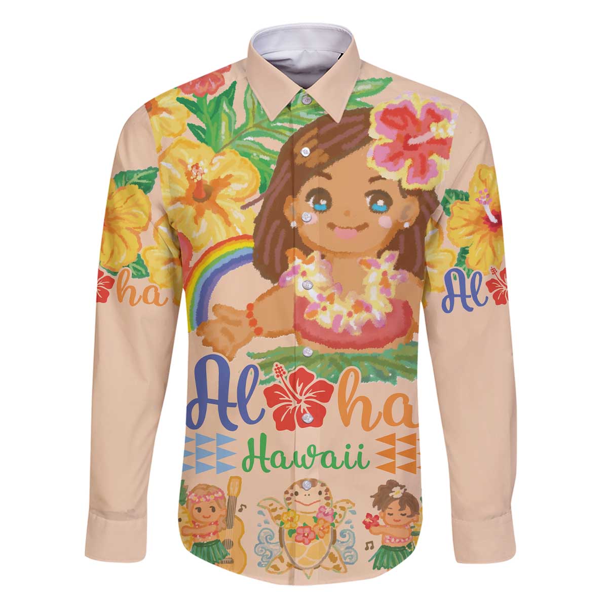 Kawaii Hula Girls Family Matching Off The Shoulder Long Sleeve Dress and Hawaiian Shirt Aloha Hibiscus Flowers LT9 Dad's Shirt - Long Sleeve Nude - Polynesian Pride