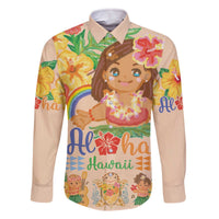 Kawaii Hula Girls Family Matching Off The Shoulder Long Sleeve Dress and Hawaiian Shirt Aloha Hibiscus Flowers LT9 Dad's Shirt - Long Sleeve Nude - Polynesian Pride