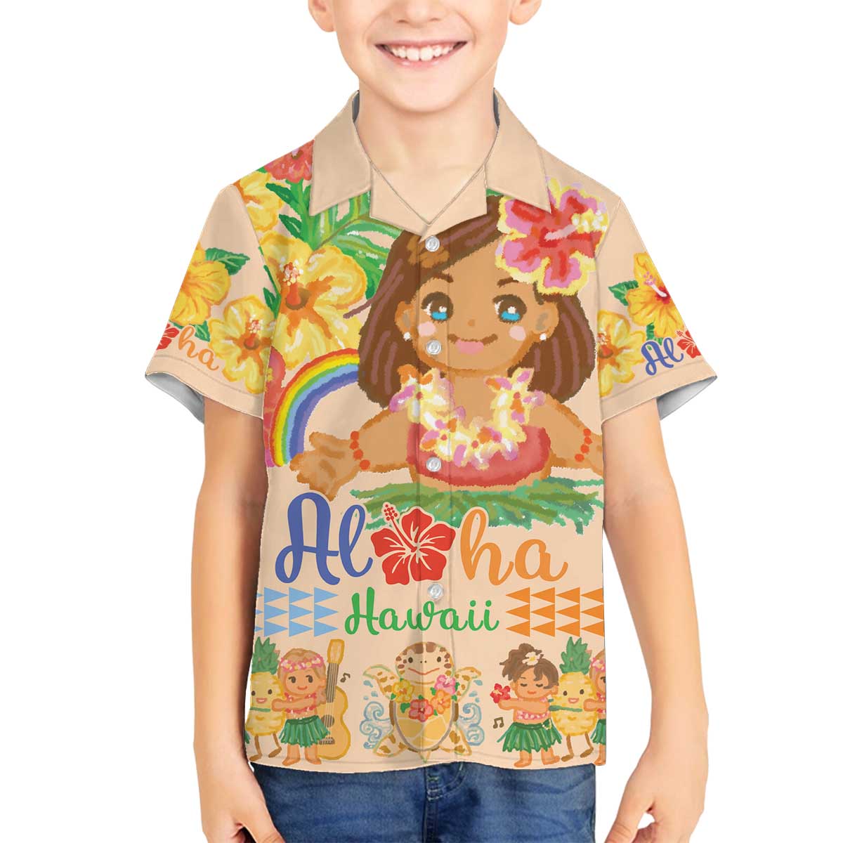 Kawaii Hula Girls Family Matching Off The Shoulder Long Sleeve Dress and Hawaiian Shirt Aloha Hibiscus Flowers LT9 Son's Shirt Nude - Polynesian Pride