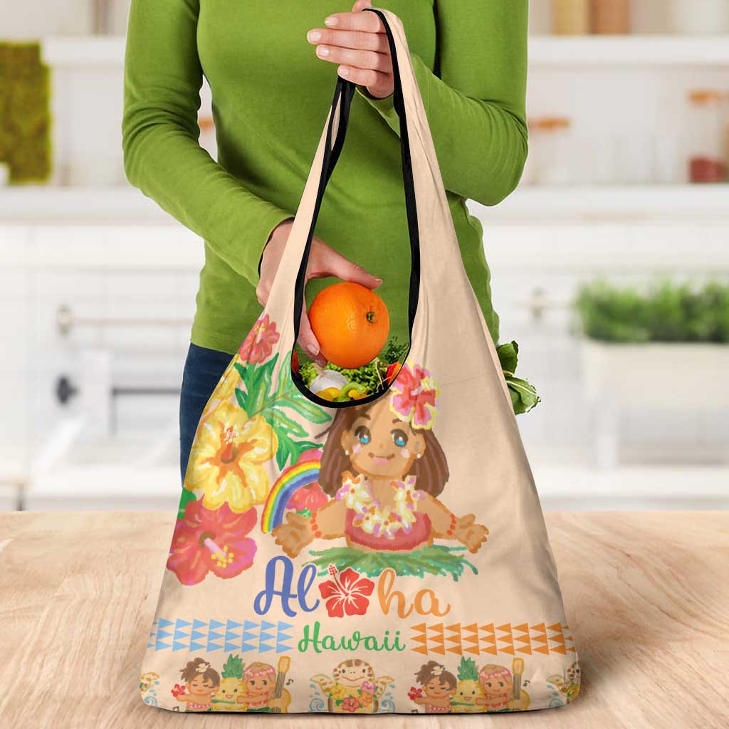 Kawaii Hula Girls Grocery Bag Aloha Hibiscus Flowers