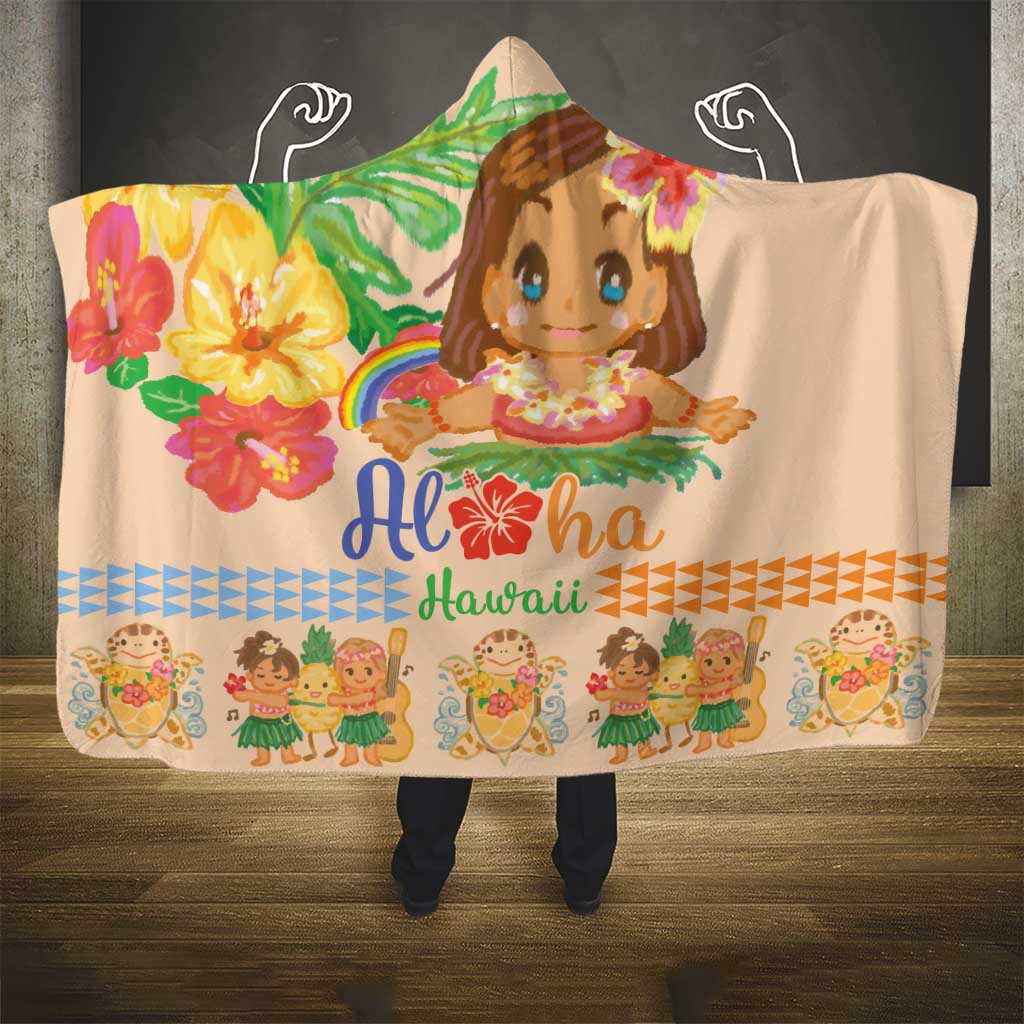 Kawaii Hula Girls Hooded Blanket Aloha Hibiscus Flowers