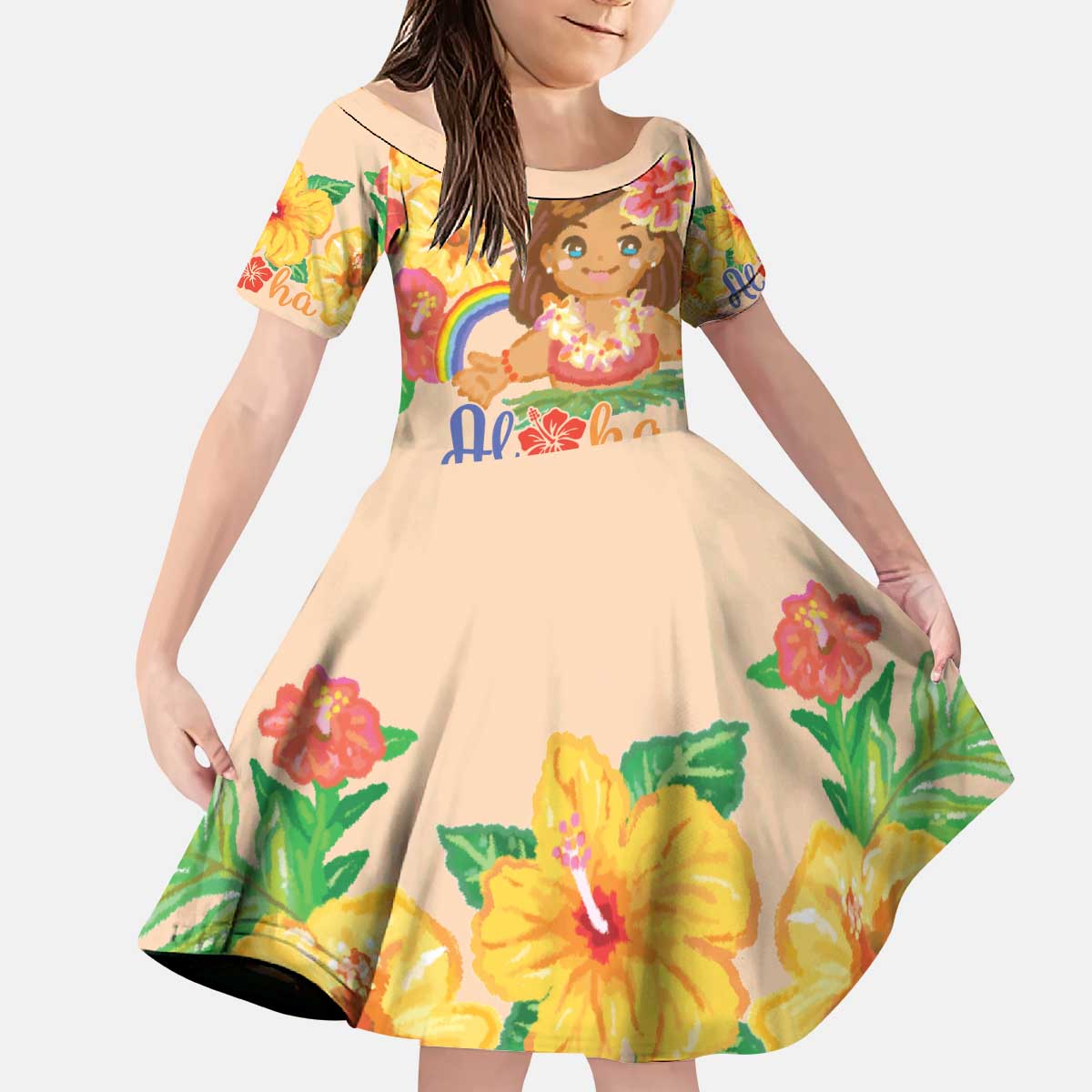 Kawaii Hula Girls Kid Short Sleeve Dress Aloha Hibiscus Flowers LT9 KID Nude - Polynesian Pride