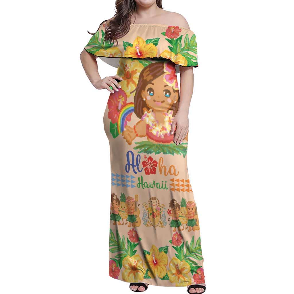 Kawaii Hula Girls Off Shoulder Maxi Dress Aloha Hibiscus Flowers