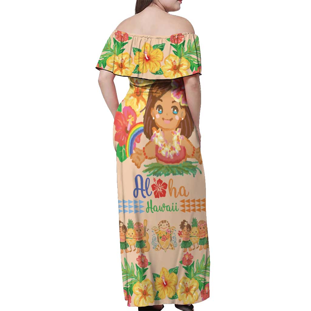 Kawaii Hula Girls Off Shoulder Maxi Dress Aloha Hibiscus Flowers