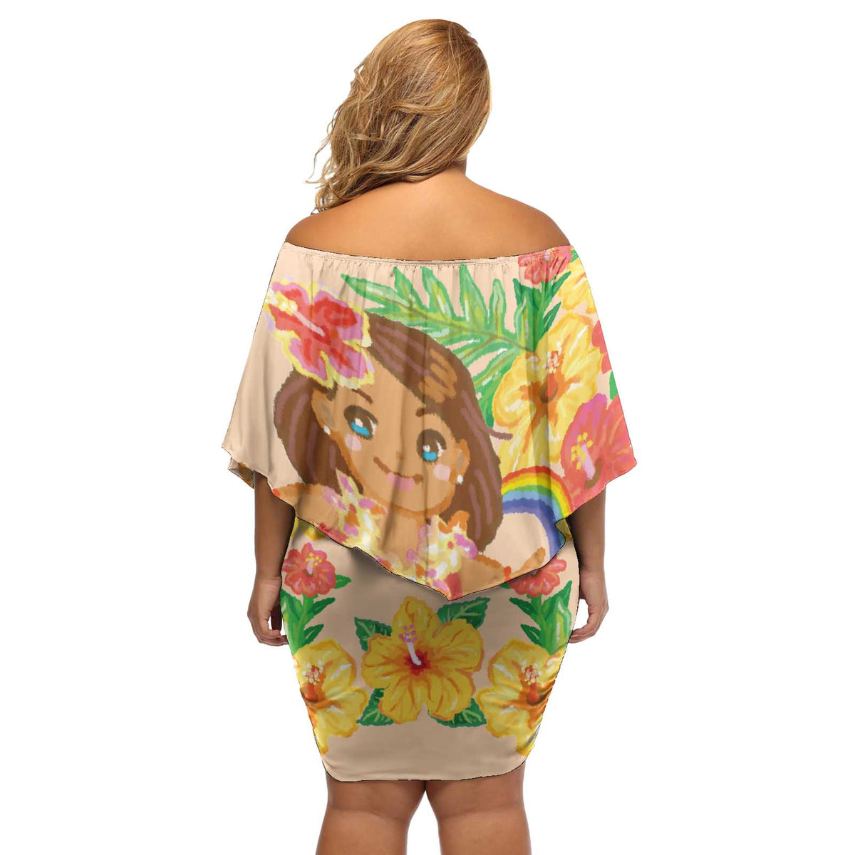 Kawaii Hula Girls Off Shoulder Short Dress Aloha Hibiscus Flowers