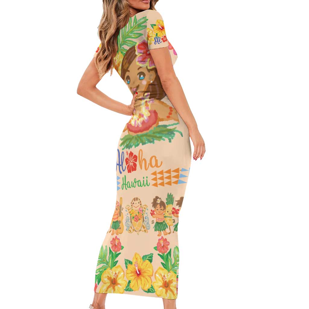 Kawaii Hula Girls Short Sleeve Bodycon Dress Aloha Hibiscus Flowers