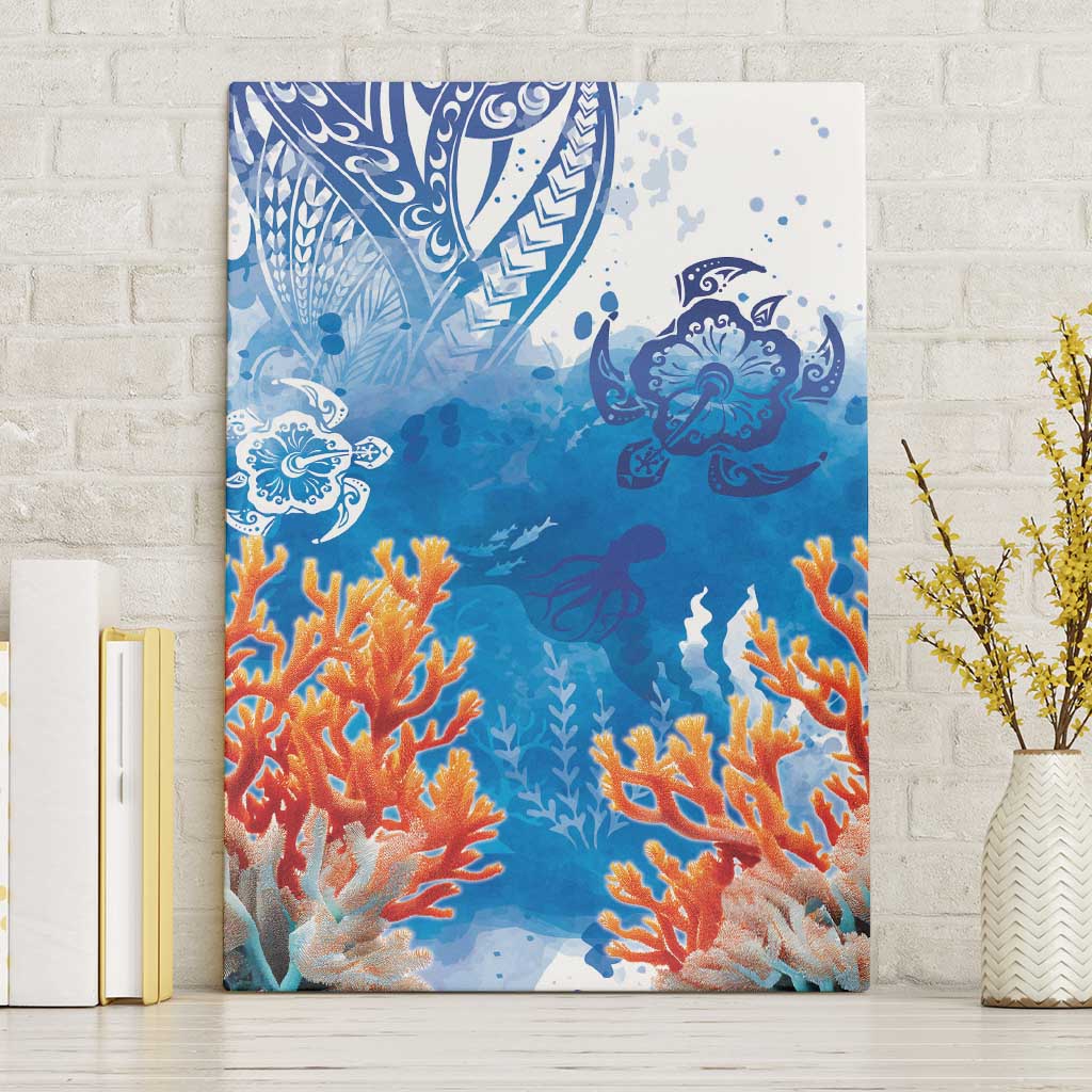 Hibiscus Turtle Tattoo Coral Reef Canvas Wall Art with Polynesian Tribal