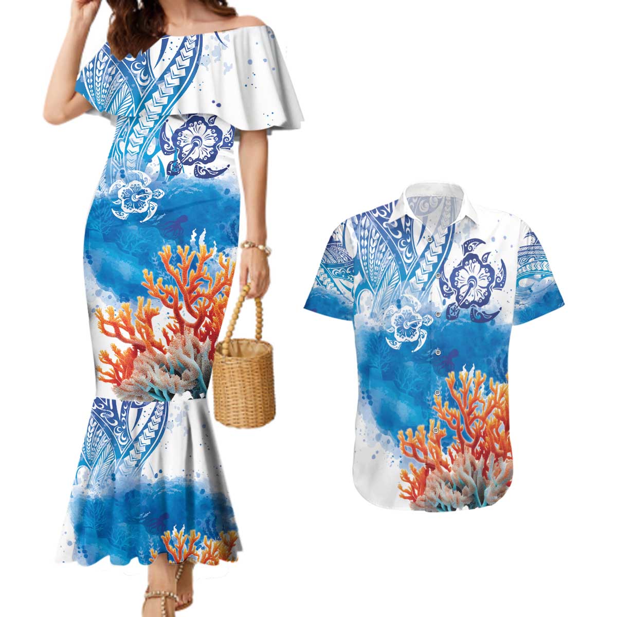 Hibiscus Turtle Tattoo Coral Reef Couples Matching Mermaid Dress and Hawaiian Shirt with Polynesian Tribal