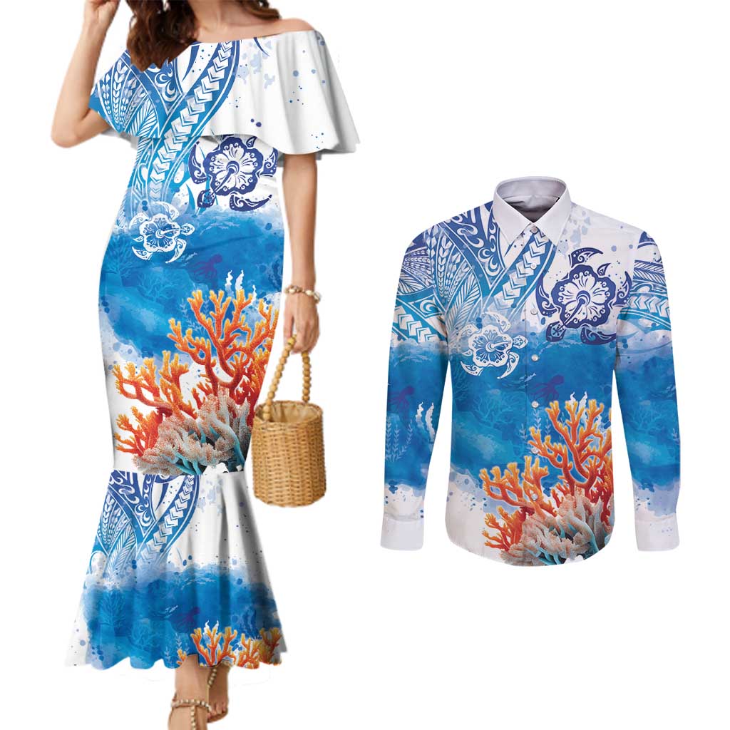 Hibiscus Turtle Tattoo Coral Reef Couples Matching Mermaid Dress and Long Sleeve Button Shirt with Polynesian Tribal