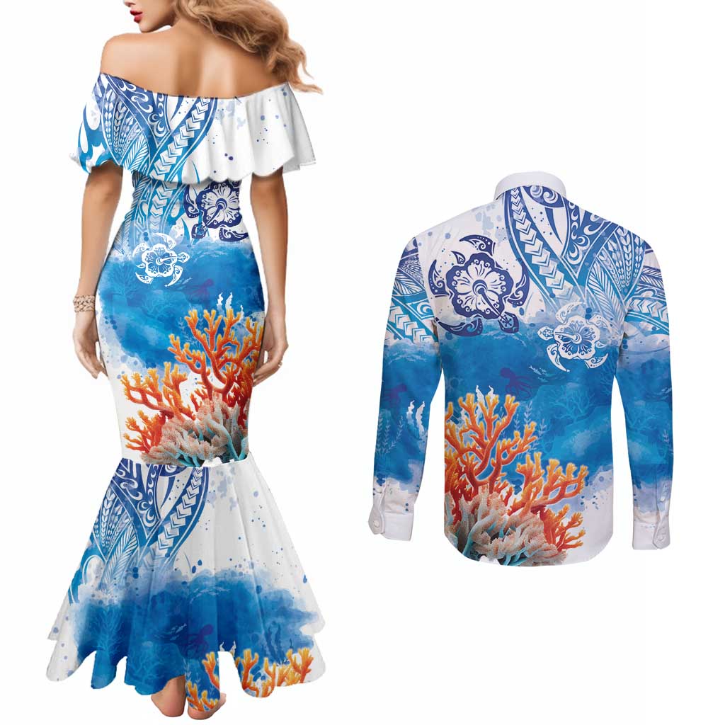 Hibiscus Turtle Tattoo Coral Reef Couples Matching Mermaid Dress and Long Sleeve Button Shirt with Polynesian Tribal