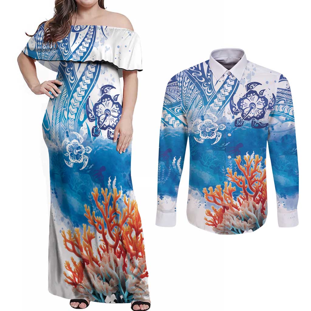 Hibiscus Turtle Tattoo Coral Reef Couples Matching Off Shoulder Maxi Dress and Long Sleeve Button Shirt with Polynesian Tribal