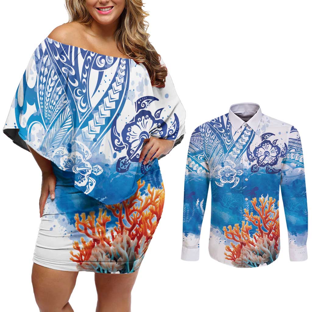 Hibiscus Turtle Tattoo Coral Reef Couples Matching Off Shoulder Short Dress and Long Sleeve Button Shirt with Polynesian Tribal