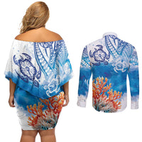Hibiscus Turtle Tattoo Coral Reef Couples Matching Off Shoulder Short Dress and Long Sleeve Button Shirt with Polynesian Tribal