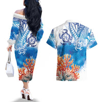 Hibiscus Turtle Tattoo Coral Reef Couples Matching Off The Shoulder Long Sleeve Dress and Hawaiian Shirt with Polynesian Tribal