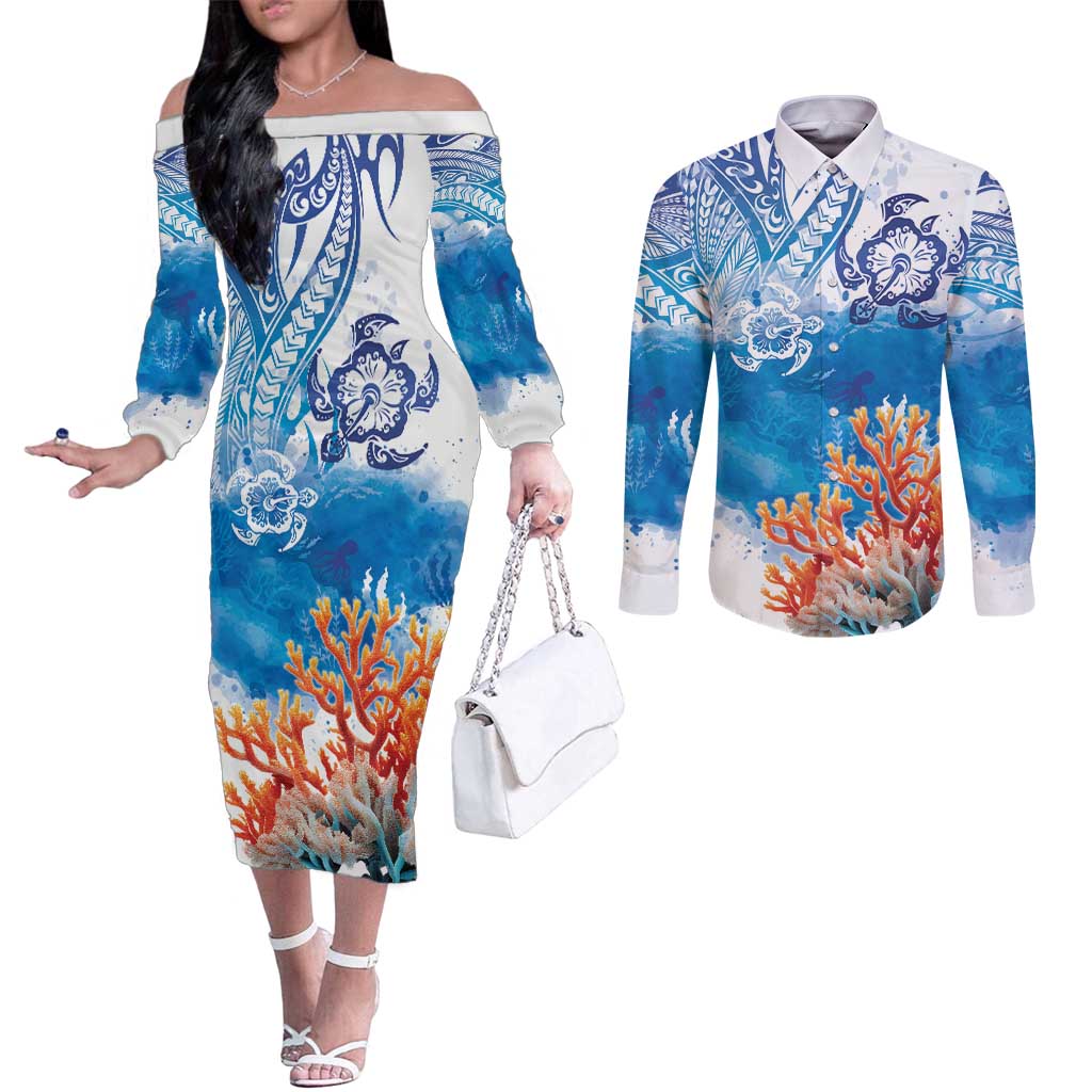 Hibiscus Turtle Tattoo Coral Reef Couples Matching Off The Shoulder Long Sleeve Dress and Long Sleeve Button Shirt with Polynesian Tribal