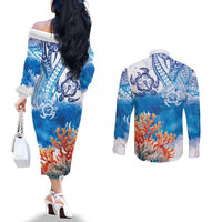 Hibiscus Turtle Tattoo Coral Reef Couples Matching Off The Shoulder Long Sleeve Dress and Long Sleeve Button Shirt with Polynesian Tribal