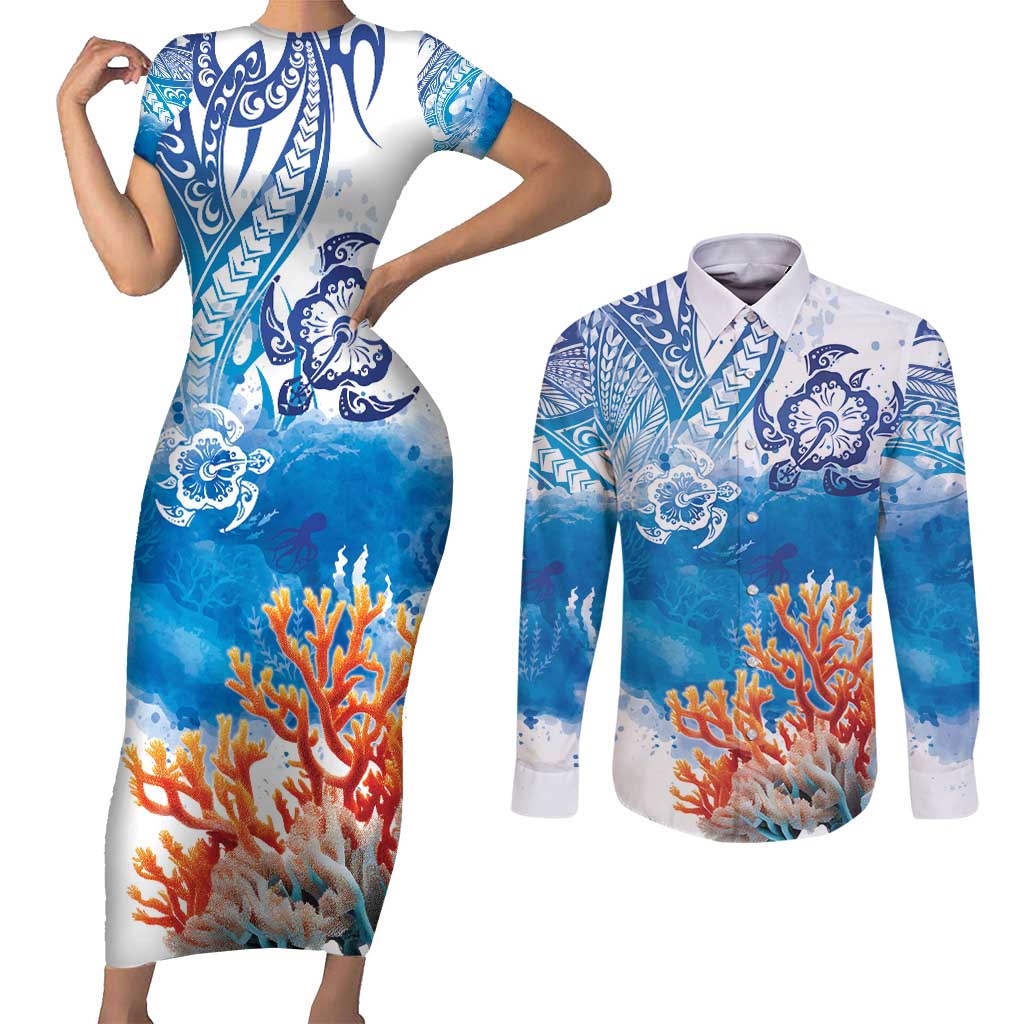 Hibiscus Turtle Tattoo Coral Reef Couples Matching Short Sleeve Bodycon Dress and Long Sleeve Button Shirt with Polynesian Tribal