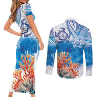 Hibiscus Turtle Tattoo Coral Reef Couples Matching Short Sleeve Bodycon Dress and Long Sleeve Button Shirt with Polynesian Tribal